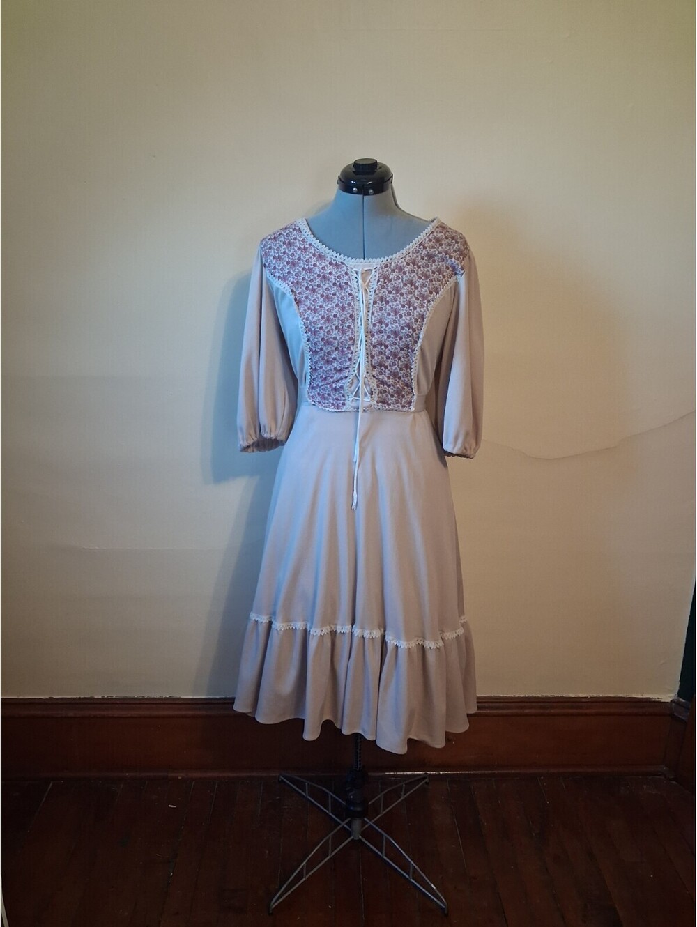 Vintage 1970s Prairie Boho Dress, Handmade Size M/L Polyester Hippy